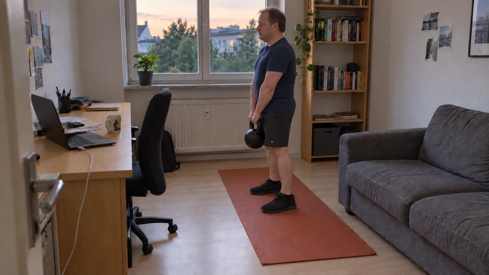 Aufrechter Stand mit der Kettlebell nach sauberem Heben – Zielposition für den strukturierten Rücken-Einstieg
