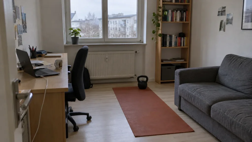 Arbeitszimmer mit Schreibtisch, Bürostuhl und ausgerollter Trainingsmatte mit Kettlebell – Fitness für Schreibtischtäter zuhause