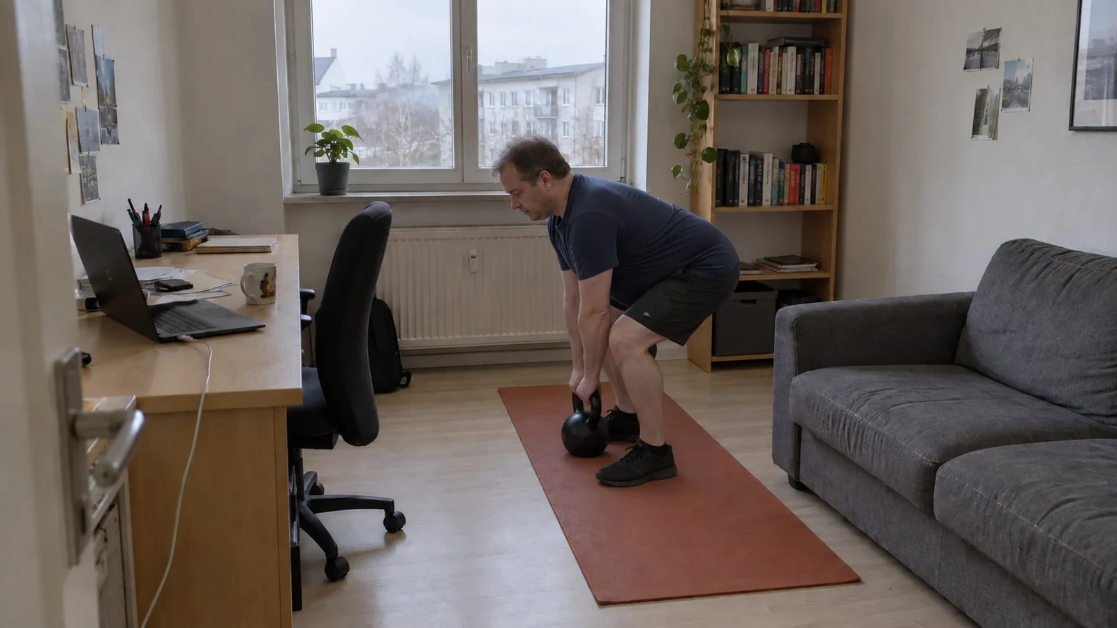 Martin Kawalla beim Hüftscharnier mit der Kettlebell: Hüfte nach hinten, Rücken lang, im eigenen Arbeitszimmer