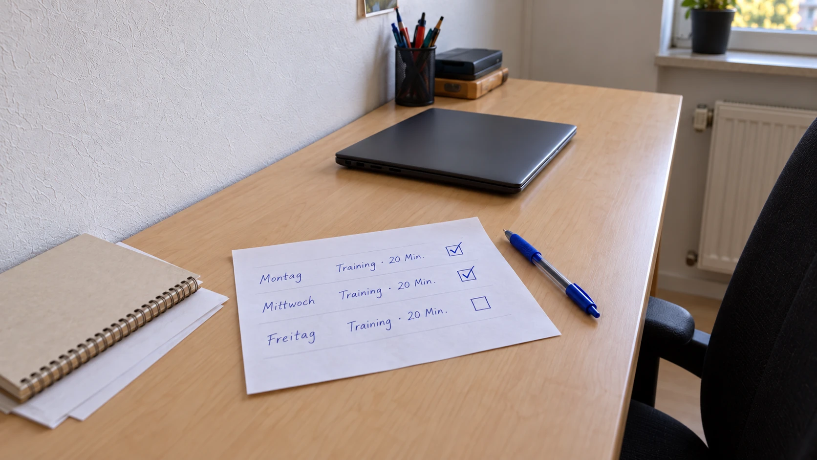 Handschriftliche Checkliste mit Kettlebell-Training Montag und Mittwoch abgehakt, Freitag noch offen