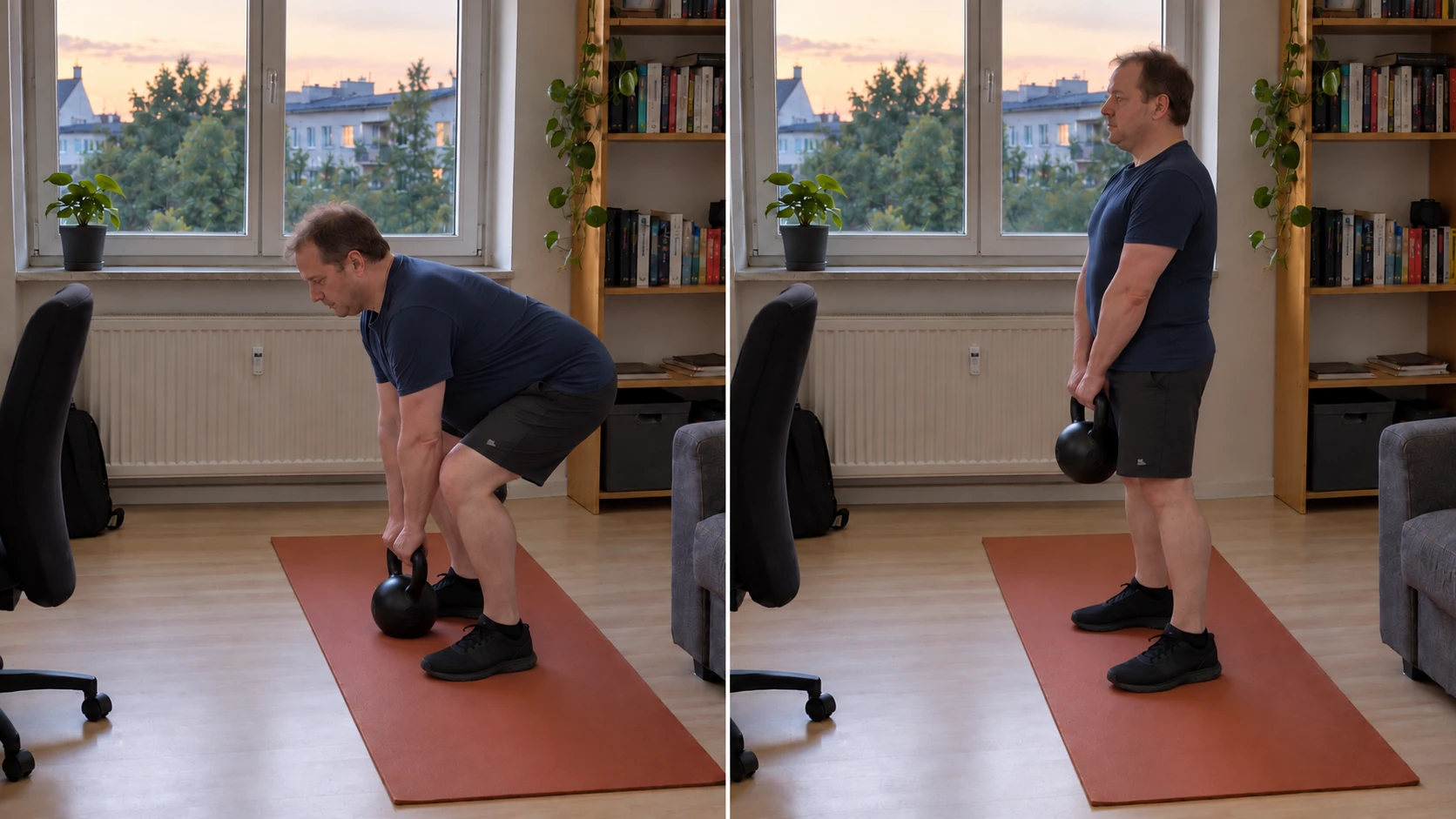 Kettlebell-Deadlift von der Ausgangsposition bis zum aufrechten Stand: der komplette Bewegungsablauf des Hüftscharniers