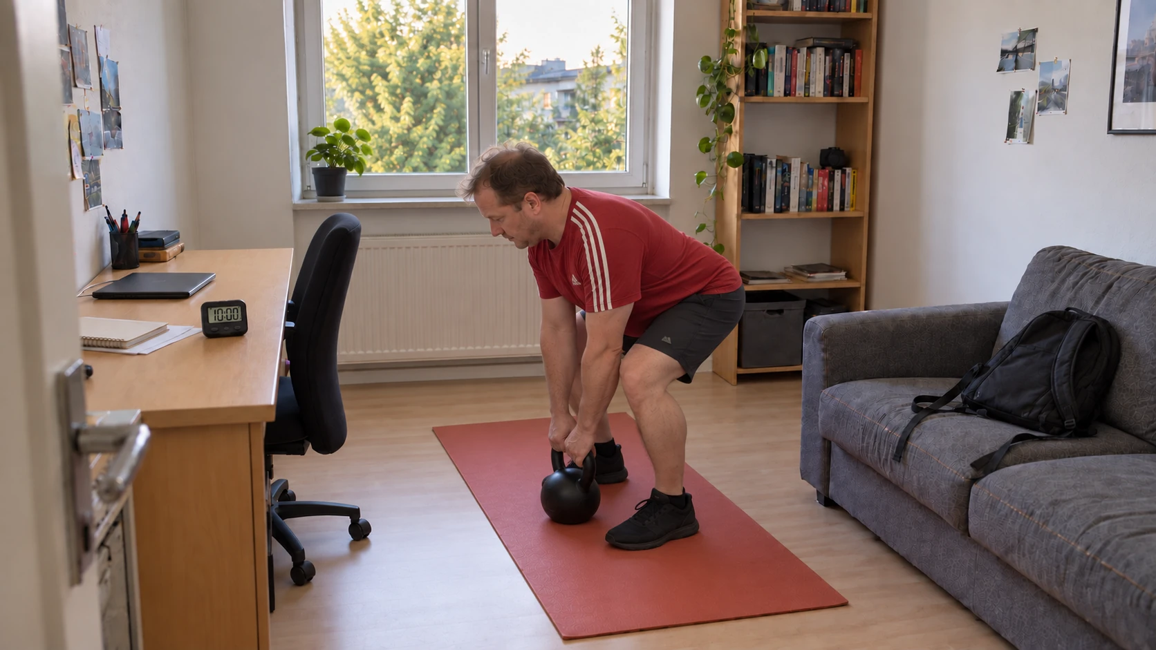 Mann übt das Kettlebell-Heben aus, im Hintergrund zeigt ein Timer 10:00 Minuten für ein reduziertes Kurztraining