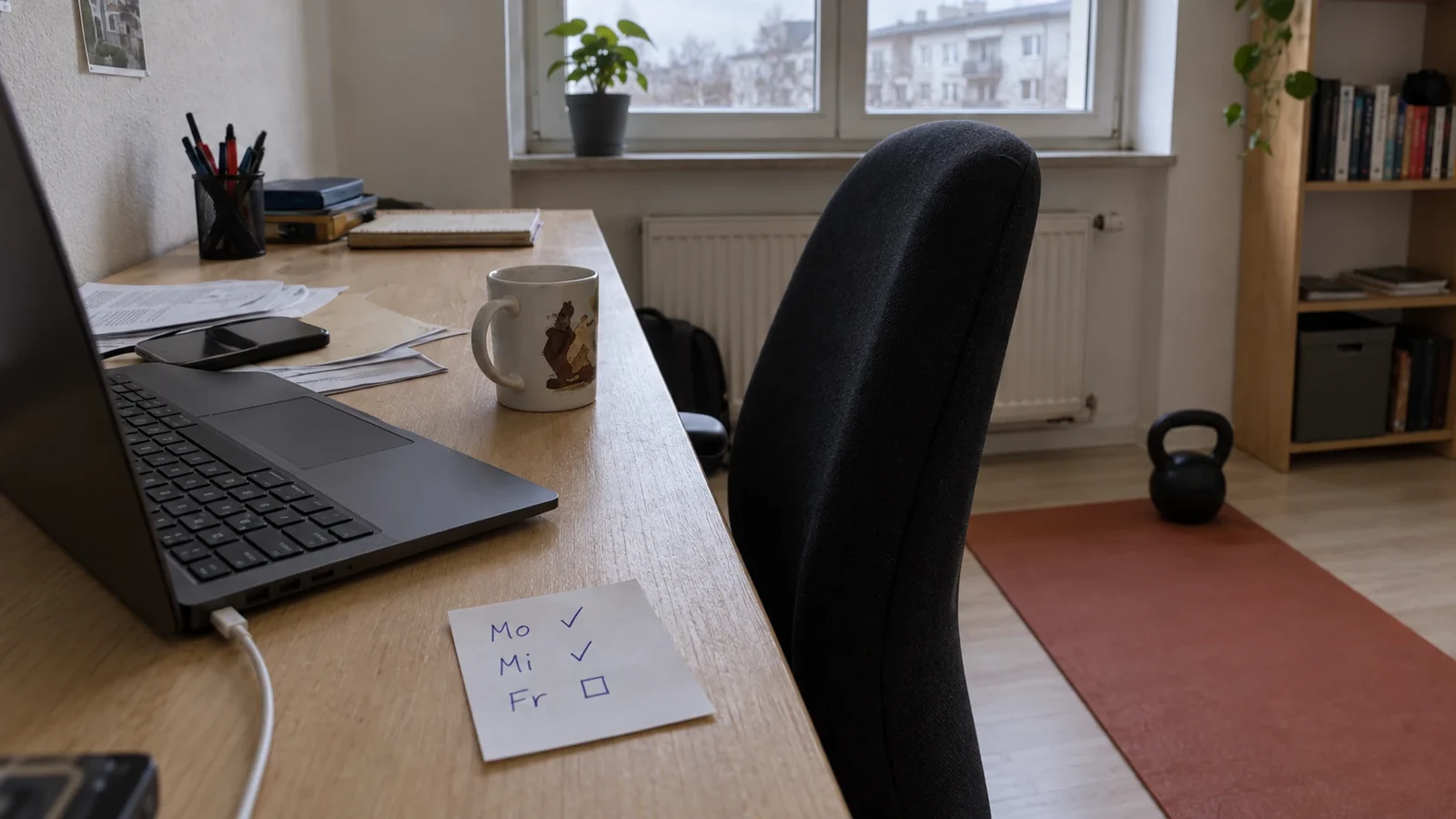 Handschriftlicher Zettel am Schreibtisch mit abgehakten Trainingstagen Mo und Mi, Freitag noch offen, dahinter die Kettlebell